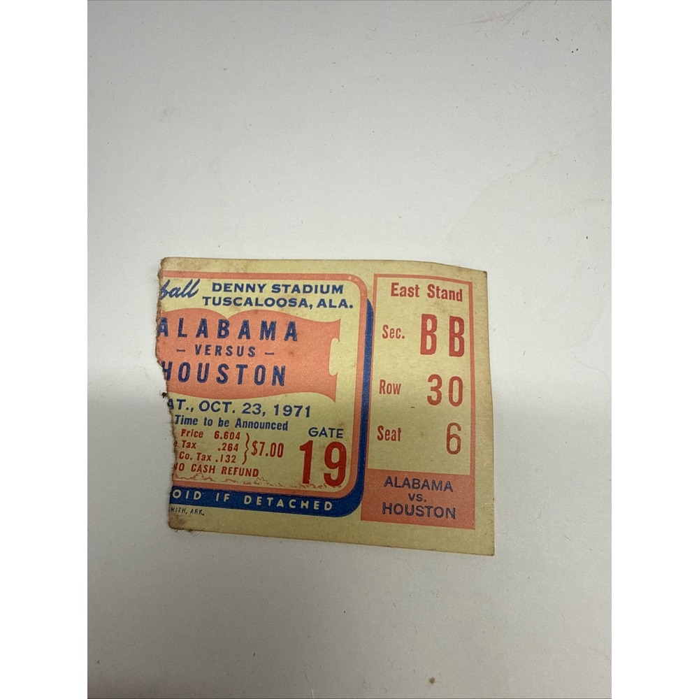 Vintage 1971 Alabama vs Houston Football Ticket Stub Denny Stadium Tuscaloosa
